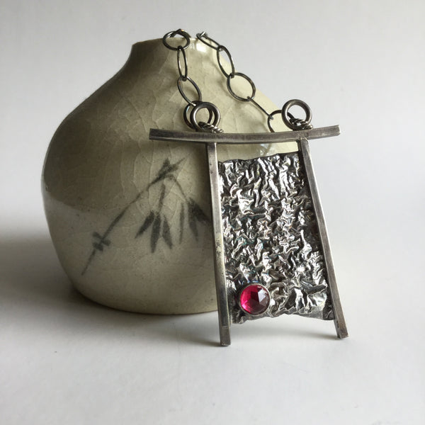 Torii Gate Style Necklace in Reticulated Silver with Lab Ruby