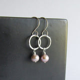 Hammered Silver Hoop Earrings with Pearl