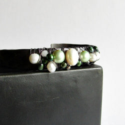 Pearl Wire Wrapped Cuff Bracelet - Green