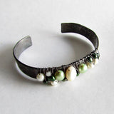 Pearl Wire Wrapped Cuff Bracelet - Green