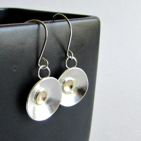 Sterling Silver and 14 K Gold Domed Disc Earrings
