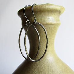 Hammered Oval Hoop Earrings - Sterling Silver