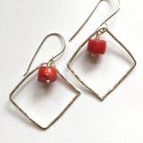 Hammered Square Hoop Earrings with Coral