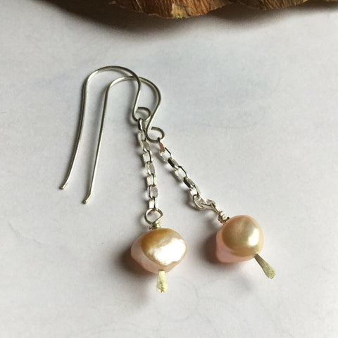 Peach Pearl Earrings with Chain