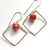 Hammered Square Hoop Earrings with Coral