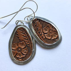 Tooled Leather and Silver Earrings